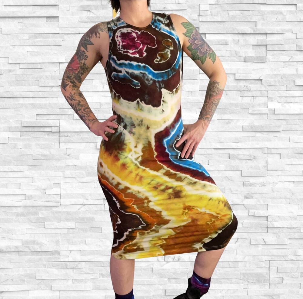 Ice Dye Bodycon Dress - Geode Tank - Earthy Gold Bronze Blue (Women's Large)